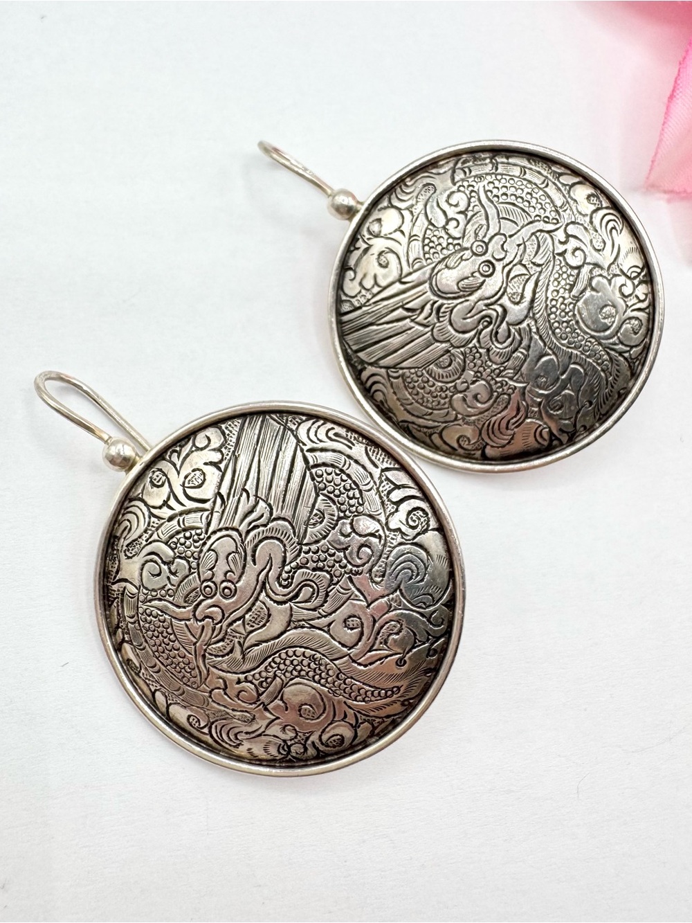 Silpada Chinese Dragon Etched 925 Sterling Silver Big Medallion Earrings Signed